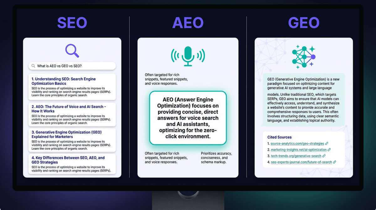 SEO vs AEO vs GEO: A Side-by-Side Comparison of Tactics, KPIs, & Goals