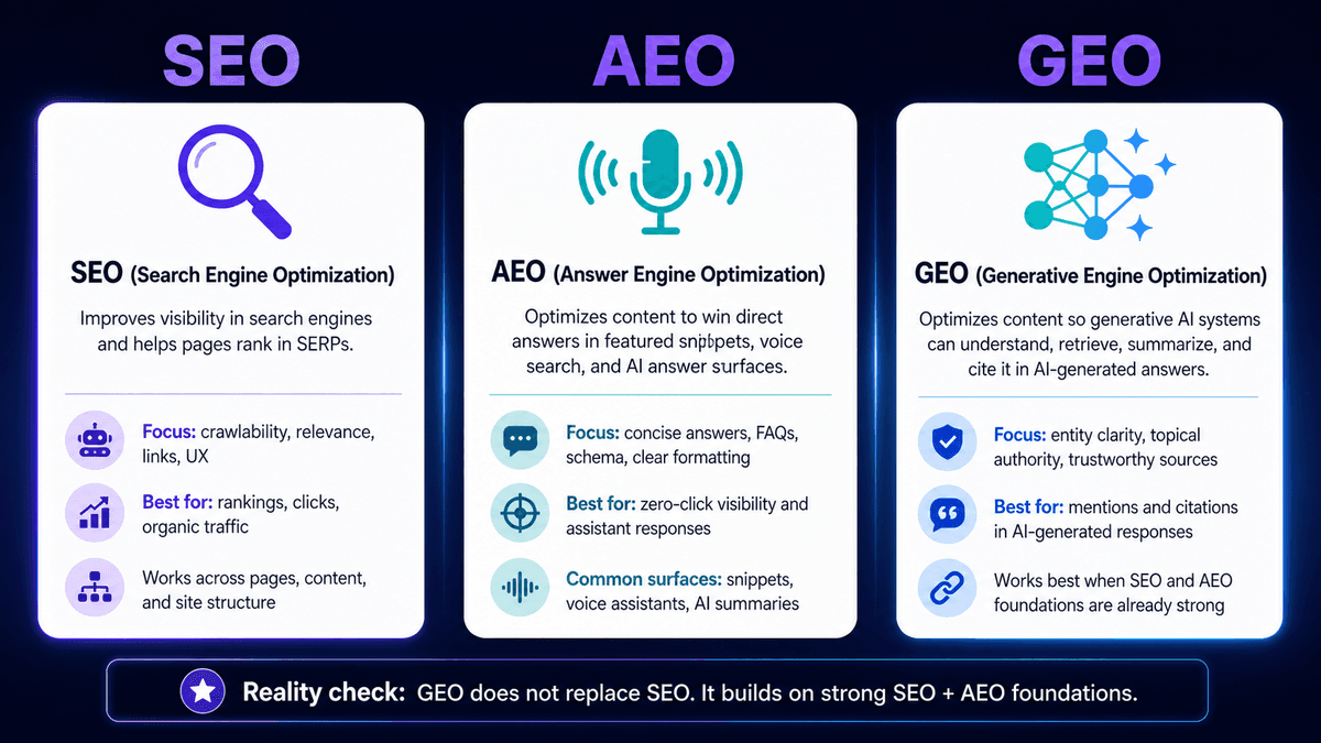 SEO vs AEO vs GEO: A Side-by-Side Comparison of Tactics, KPIs, & Goals